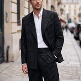 Men's oversized pinstripe suit: black suit jacket and matching trousers