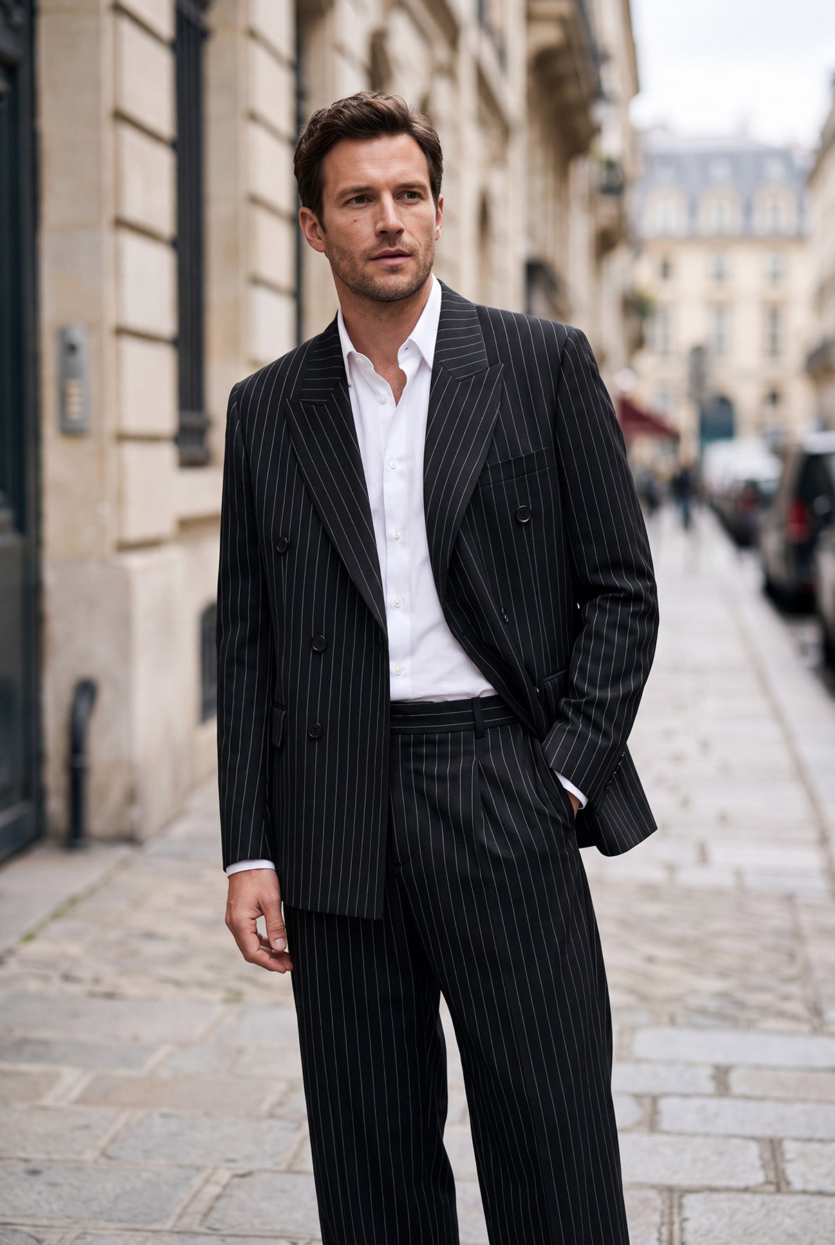 Men's oversized pinstripe suit: black suit jacket and matching trousers