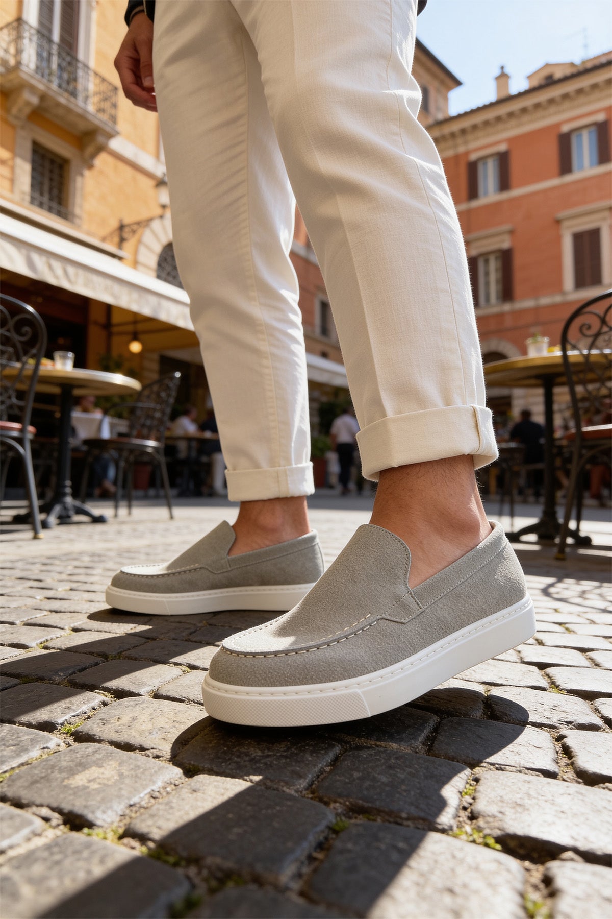 Men's gray suede loafers, slip-on style with side vamp and white rubber sole