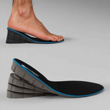 Height-increasing insole with black top, blue trim, and gray lift sections