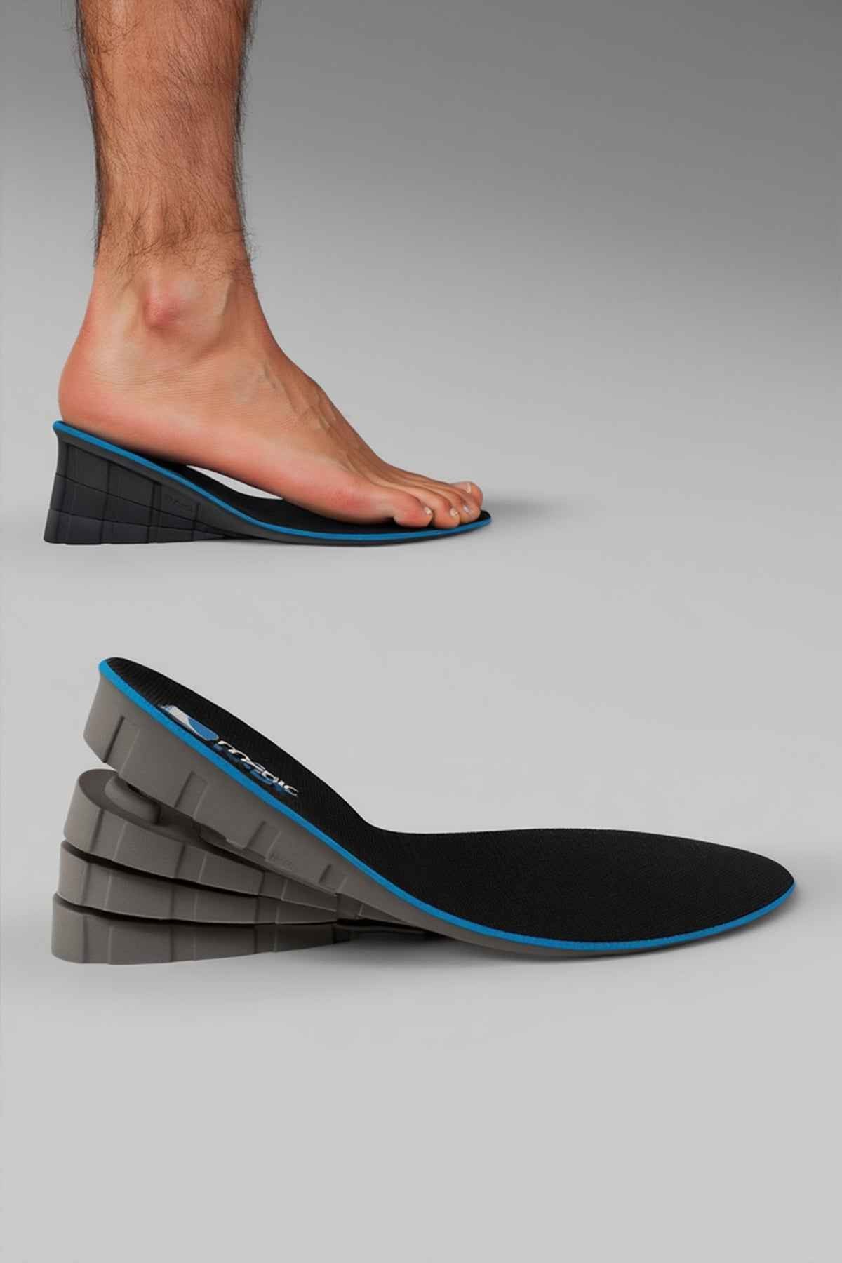 Height-increasing insole with black top, blue trim, and gray lift sections