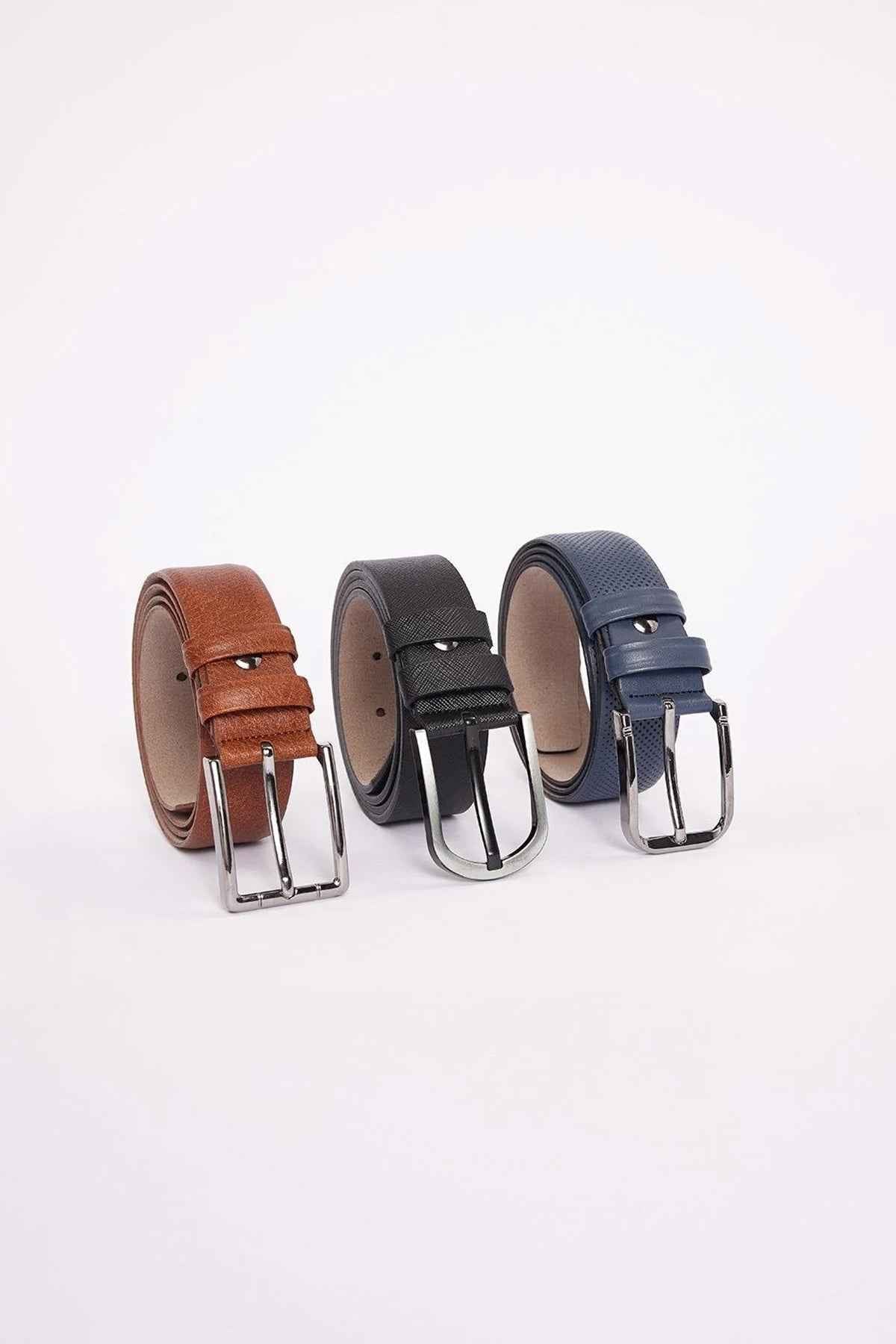 Men's 3-pack casual belts with metal buckles: brown, black and navy
