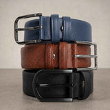 Men's 3-pack casual belts stacked with metal buckles in brown, black and blue