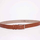 Men's brown casual belt with silver buckle and stitched keeper holes
