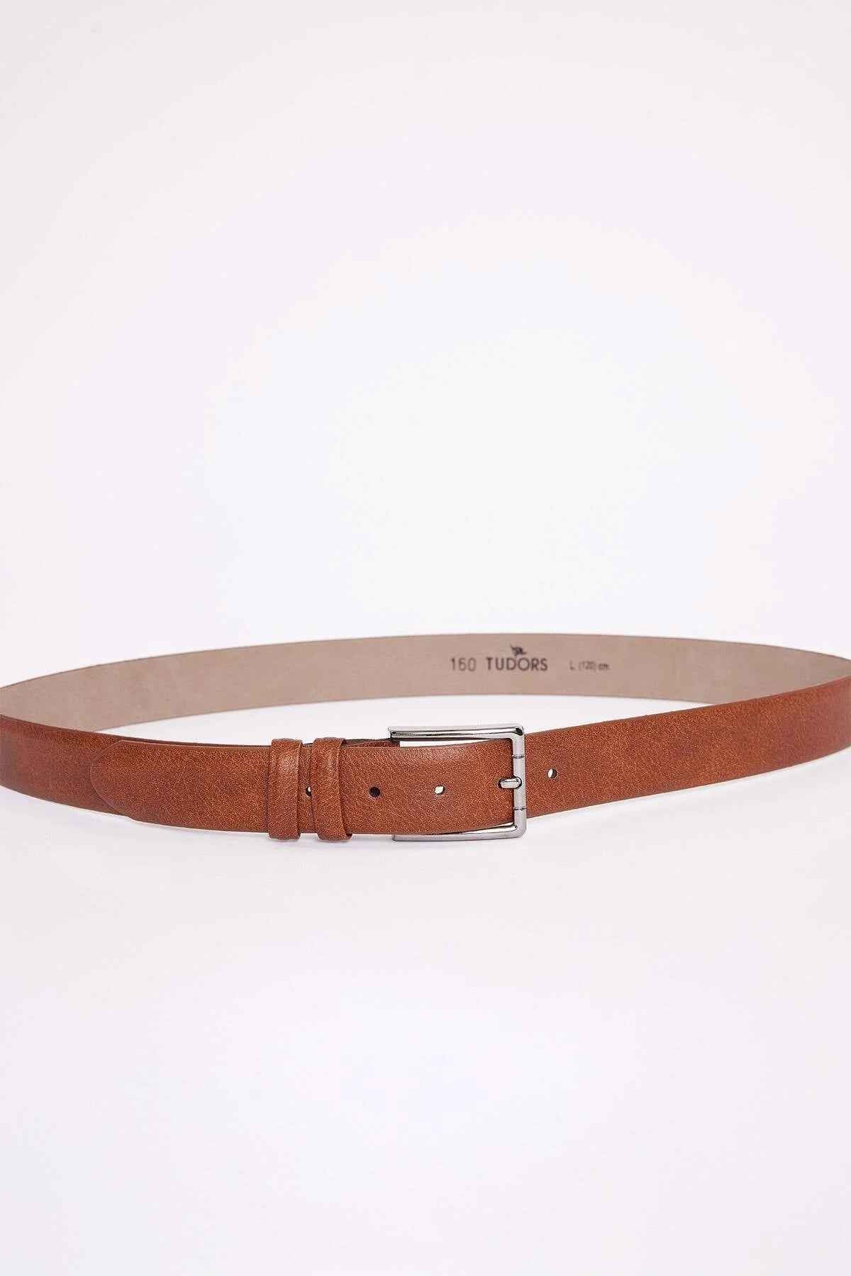 Men's brown casual belt with silver buckle and stitched keeper holes