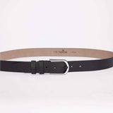 Men's black casual belt with silver buckle and stitched strap holes