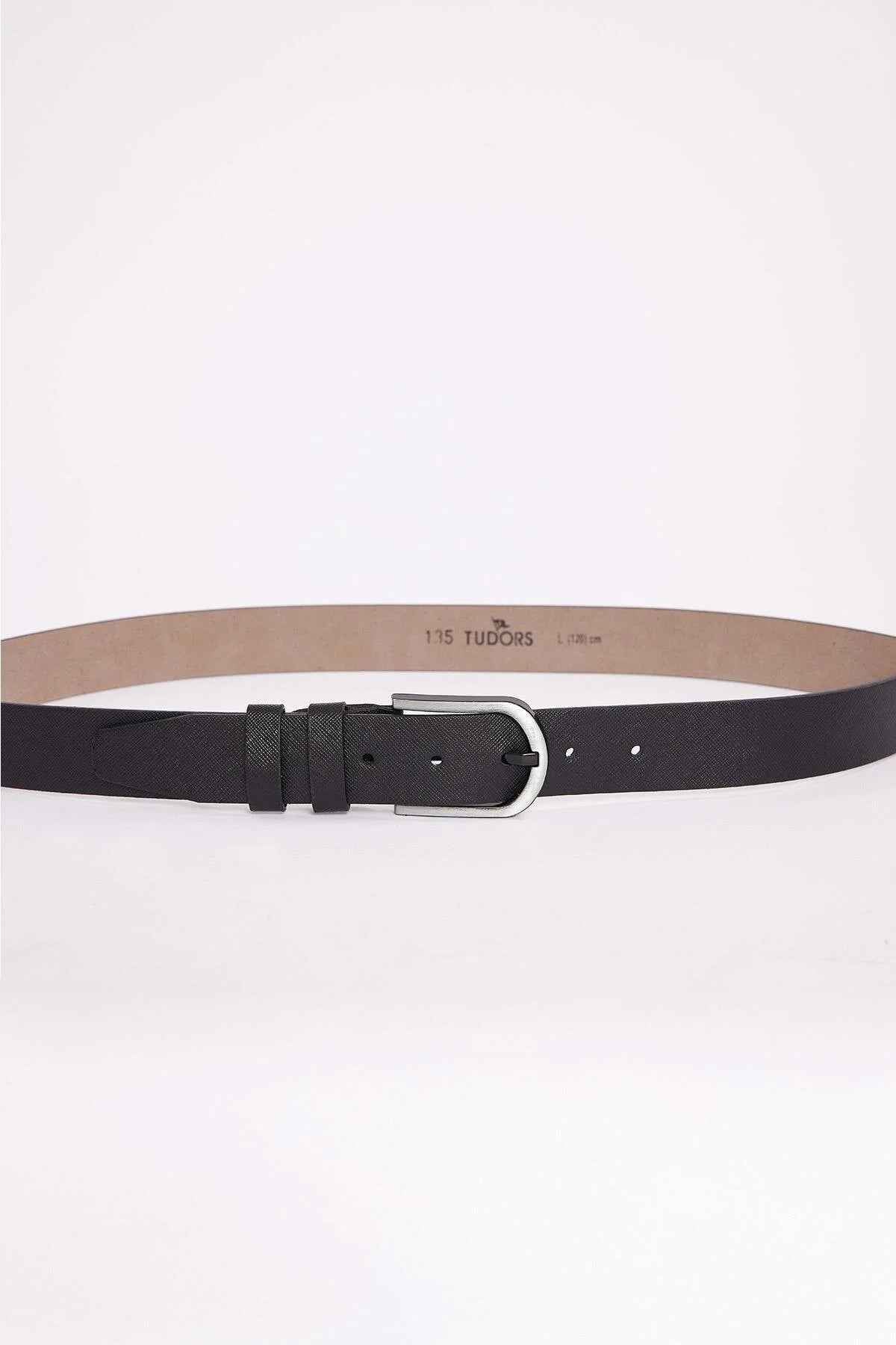 Men's black casual belt with silver buckle and stitched strap holes