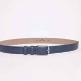 Men's navy casual belt with silver buckle and stitched strap holes