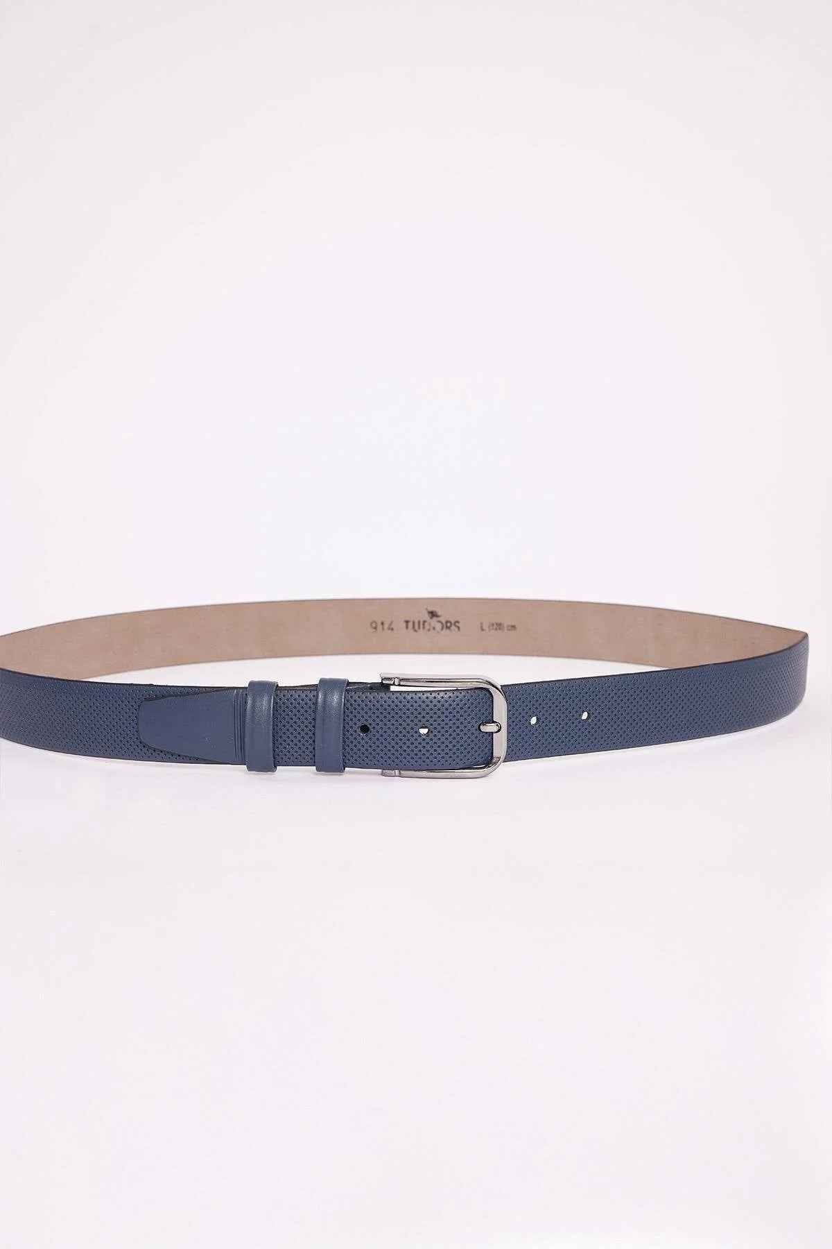 Men's navy casual belt with silver buckle and stitched strap holes