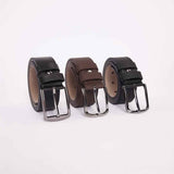 3-pack casual belts in profile: brown, black, and navy with silver buckles