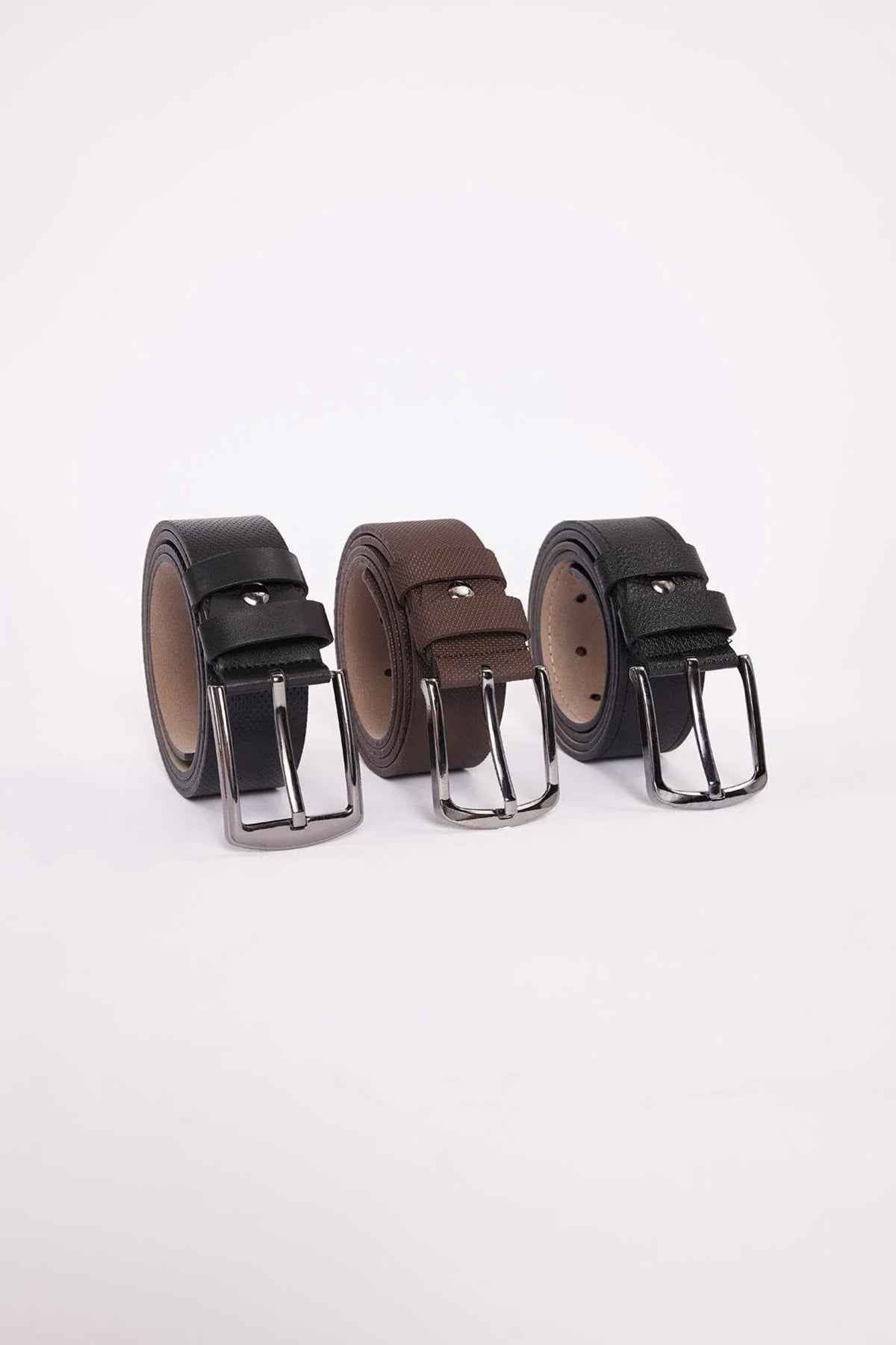 3-pack casual belts in profile: brown, black, and navy with silver buckles