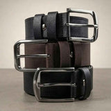 Men's 3-pack casual belts in brown, black, and navy with silver metal buckles