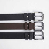 3-pack casual belts with silver rectangular buckles and textured straps