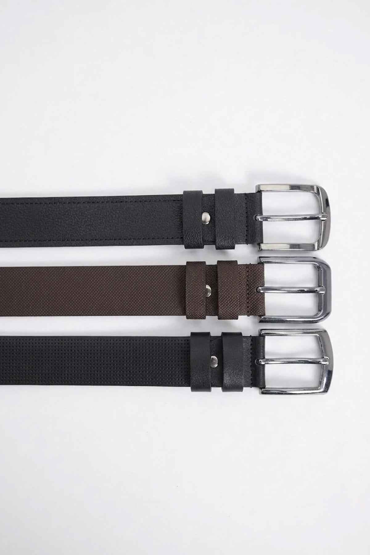 3-pack casual belts with silver rectangular buckles and textured straps