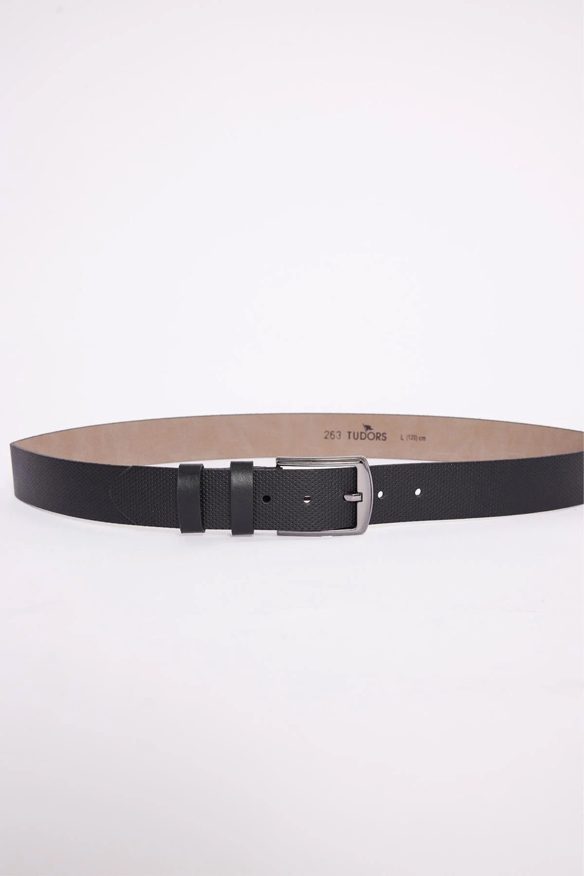 Black men's casual belt with silver buckle and textured strap
