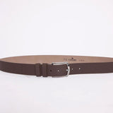 Brown men's casual belt with silver buckle and textured leather-like strap