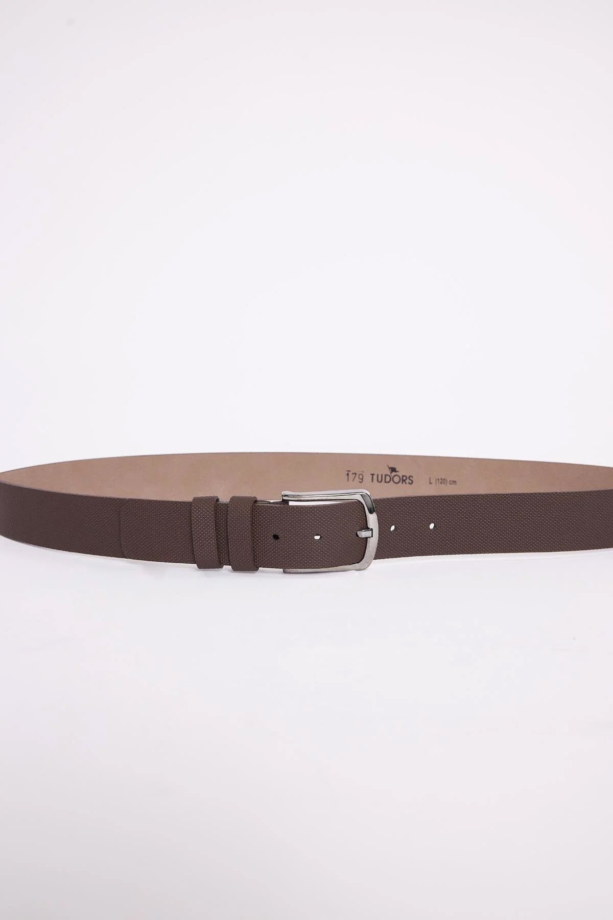 Brown men's casual belt with silver buckle and textured leather-like strap