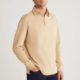 Men's beige relaxed-fit crewneck sweatshirt, close front-left view with crew neckline