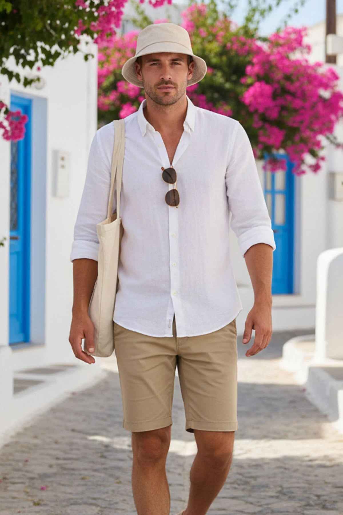 Beige bucket hat with wide brim, Ritar, worn by a man