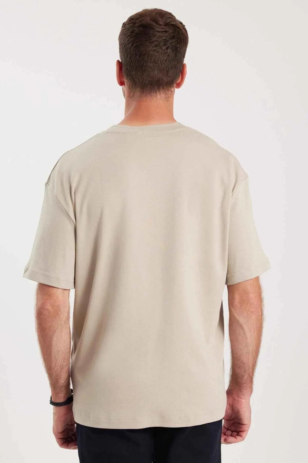 Oversize beige T-shirt, crew neck and short sleeves (back view)