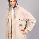 Beige oversized hooded jacket with snap front, chest pocket and LTC patch