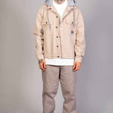 Beige oversized denim jacket with hood, snap front and chest pockets, LTC logo patch