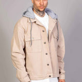 Beige oversized jacket with button front, two chest flap pockets and hood, LTC patch