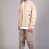 Beige oversized hooded jacket with button front and chest pocket, LTC patch