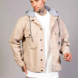 Beige oversized hooded jacket with button front and two chest pockets, LTC patch