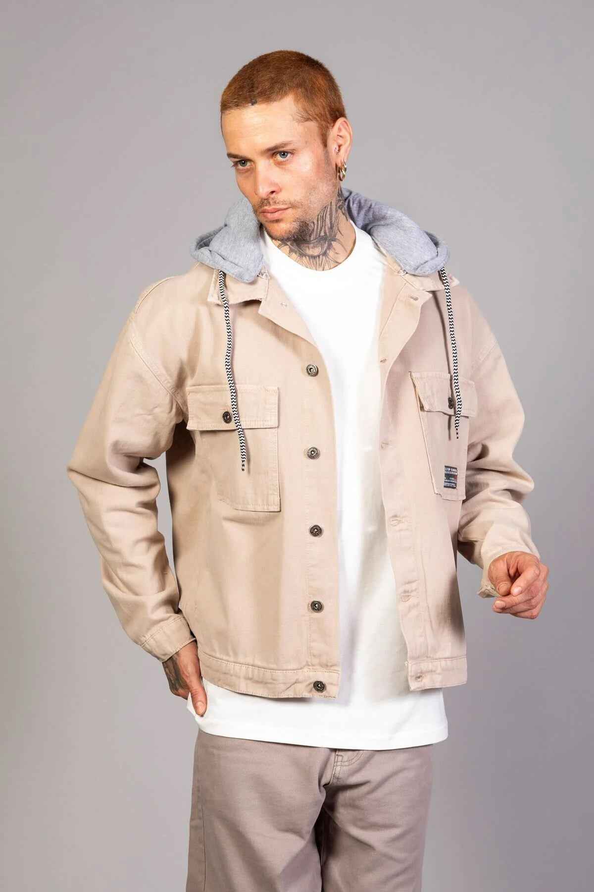 Beige oversized hooded jacket with button front and two chest pockets, LTC patch
