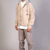 Beige oversized hooded jacket with snap button closure, chest pocket and LTC logo patch