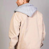 Beige oversized hooded jacket with button back panel and standing collar, LTC patch