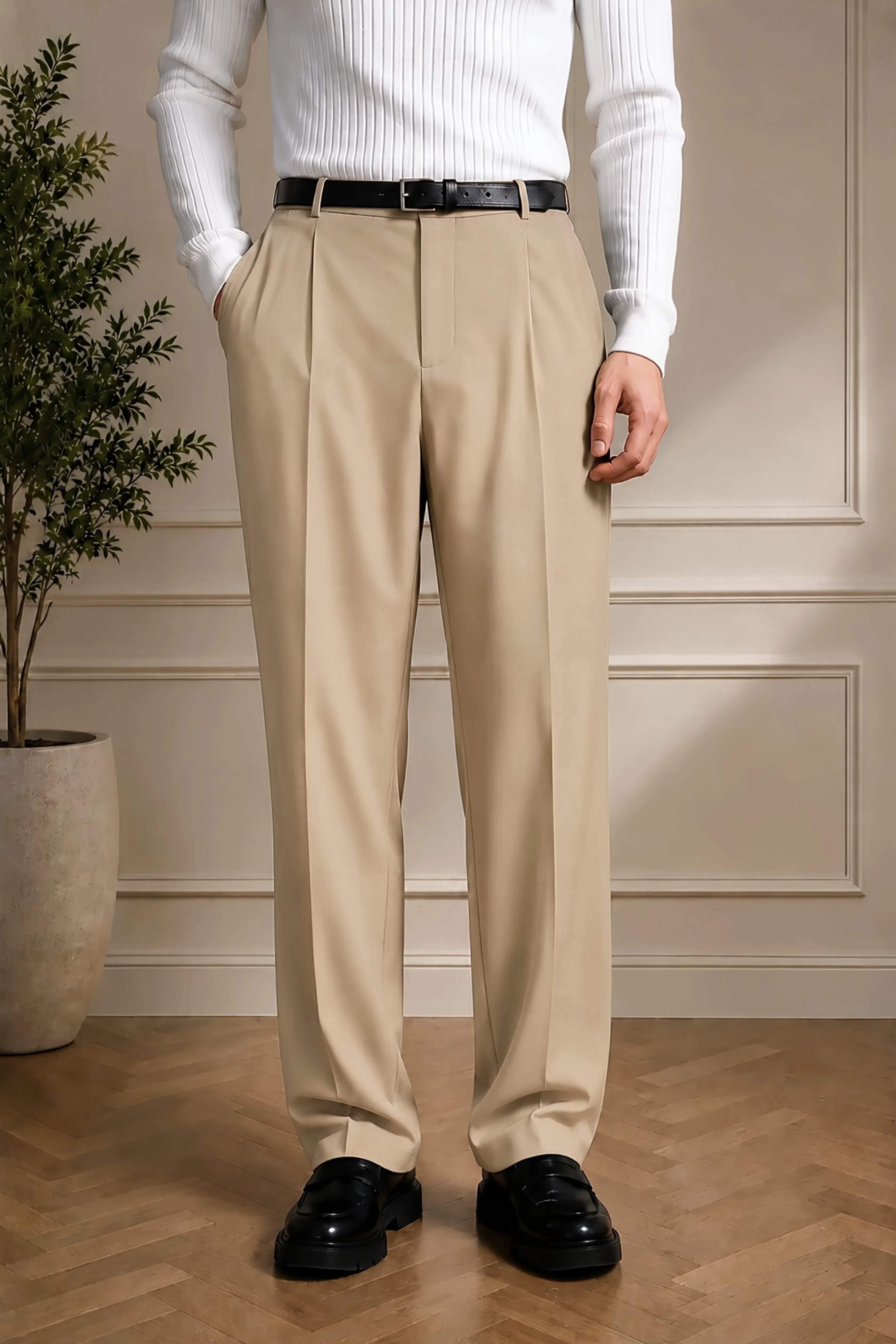 Men's beige tailored pants with black belt, pleated front, side pockets