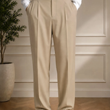 Men's beige tailored pants with black belt, pleated front, full length