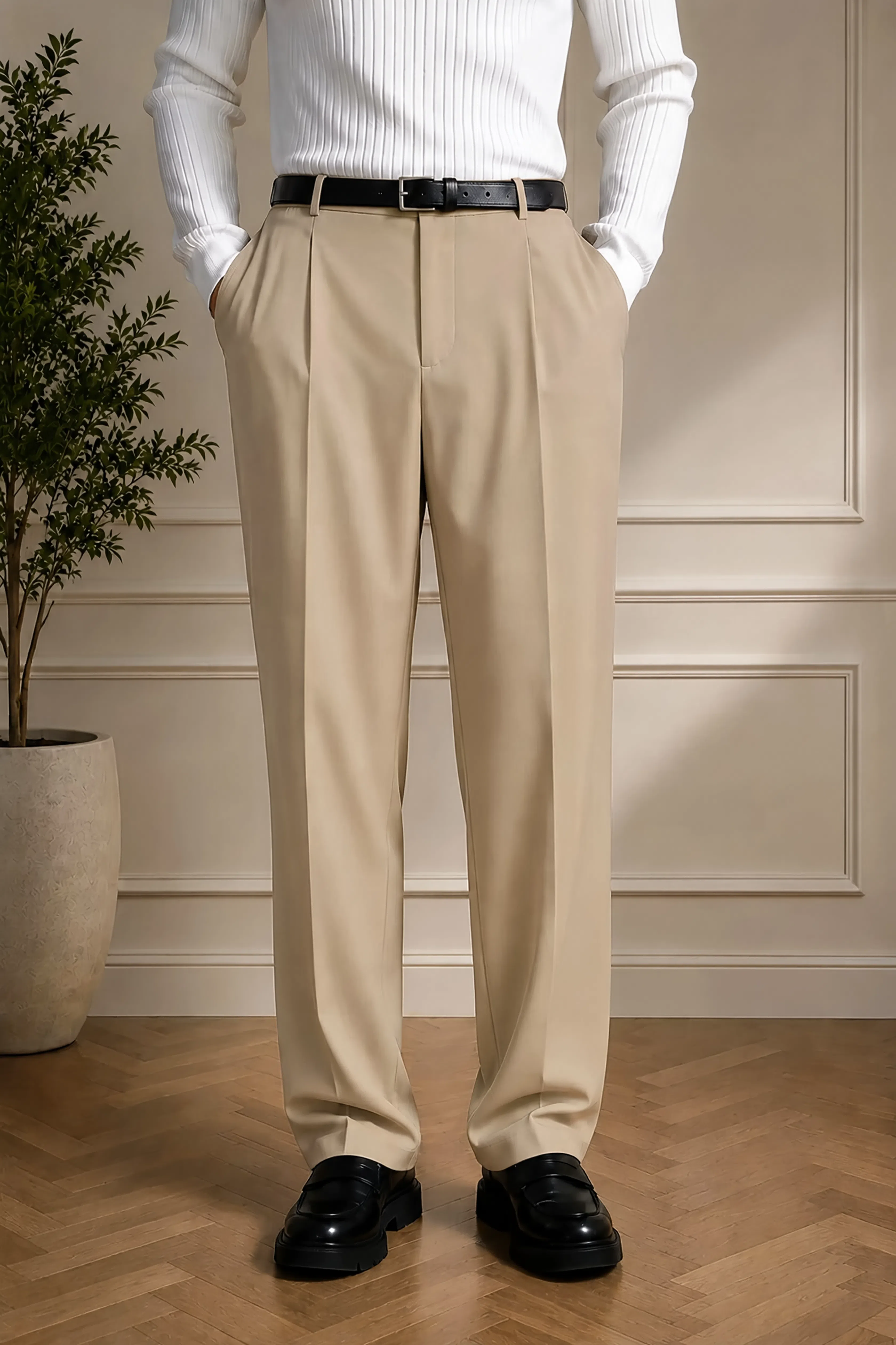 Men's beige tailored pants with black belt, pleated front, full length
