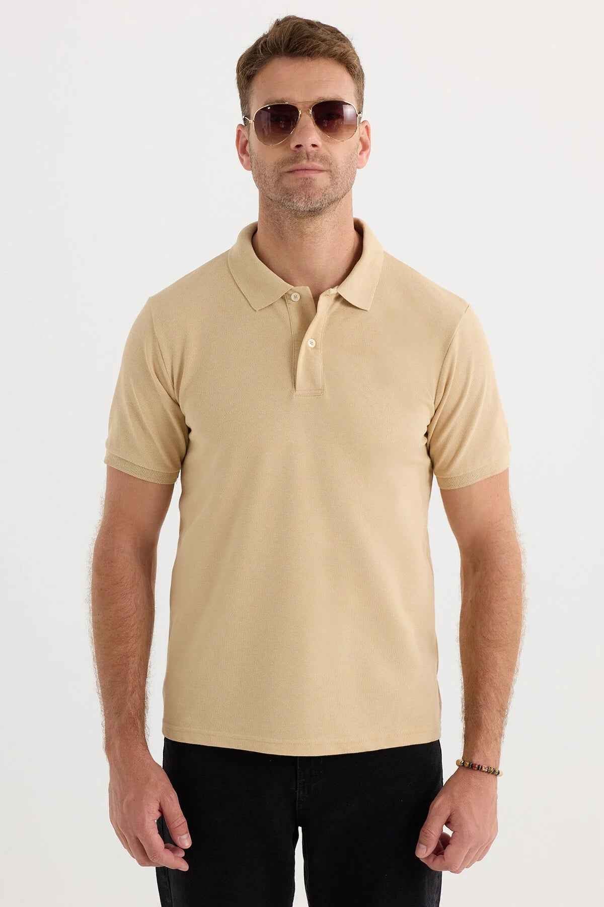 Men's beige polo T-shirt with short sleeves and buttoned fold-over collar