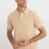 Men's beige polo T-shirt with short sleeves and button placket, chest collar detail