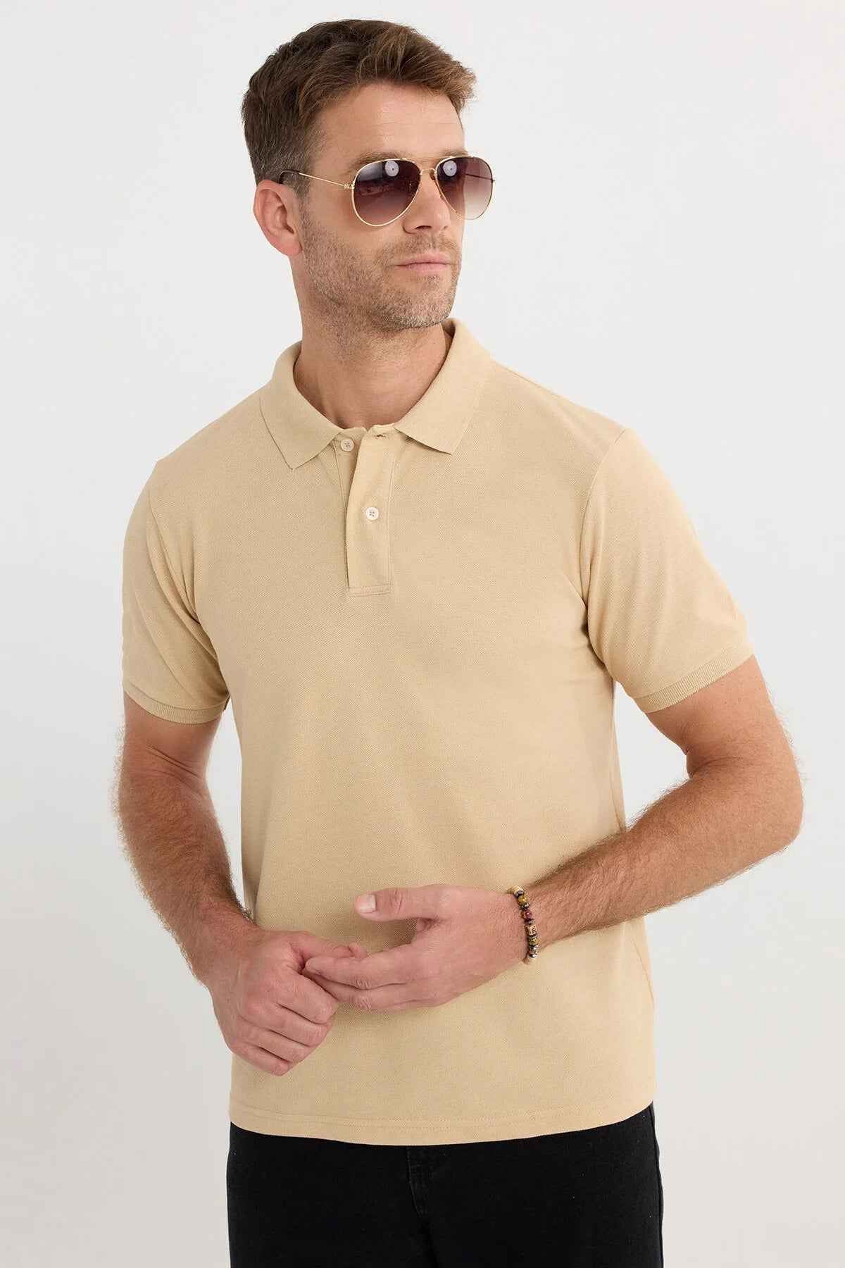 Men's beige polo T-shirt with short sleeves and button placket, chest collar detail
