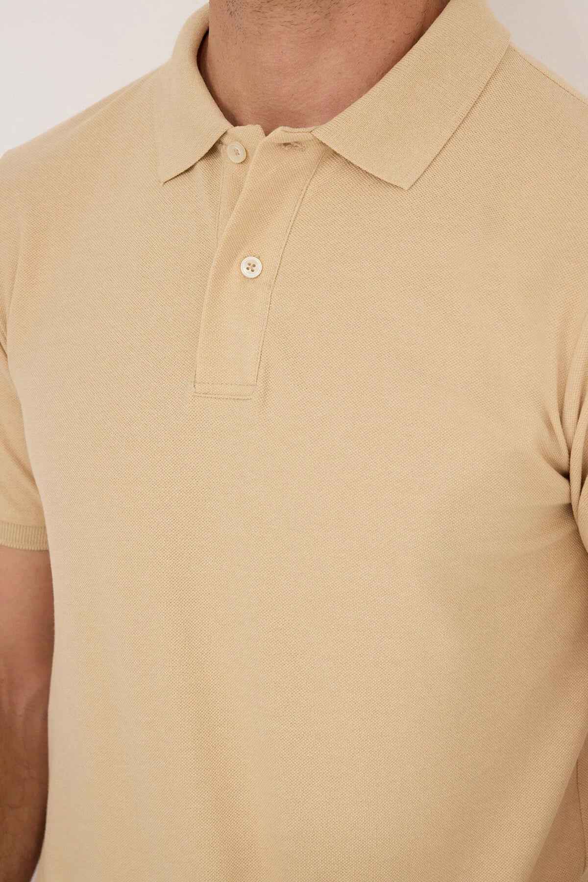 Beige polo T-shirt collar with button placket and small round front button