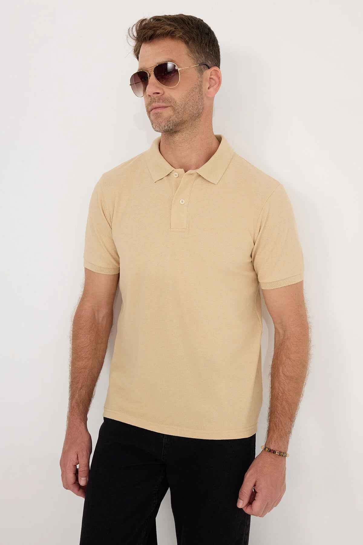 Men's beige polo T-shirt with short sleeves and fold-over collar with buttons