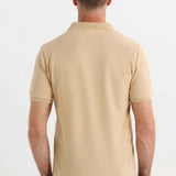Men's beige polo T-shirt back view with short sleeves and ribbed collar