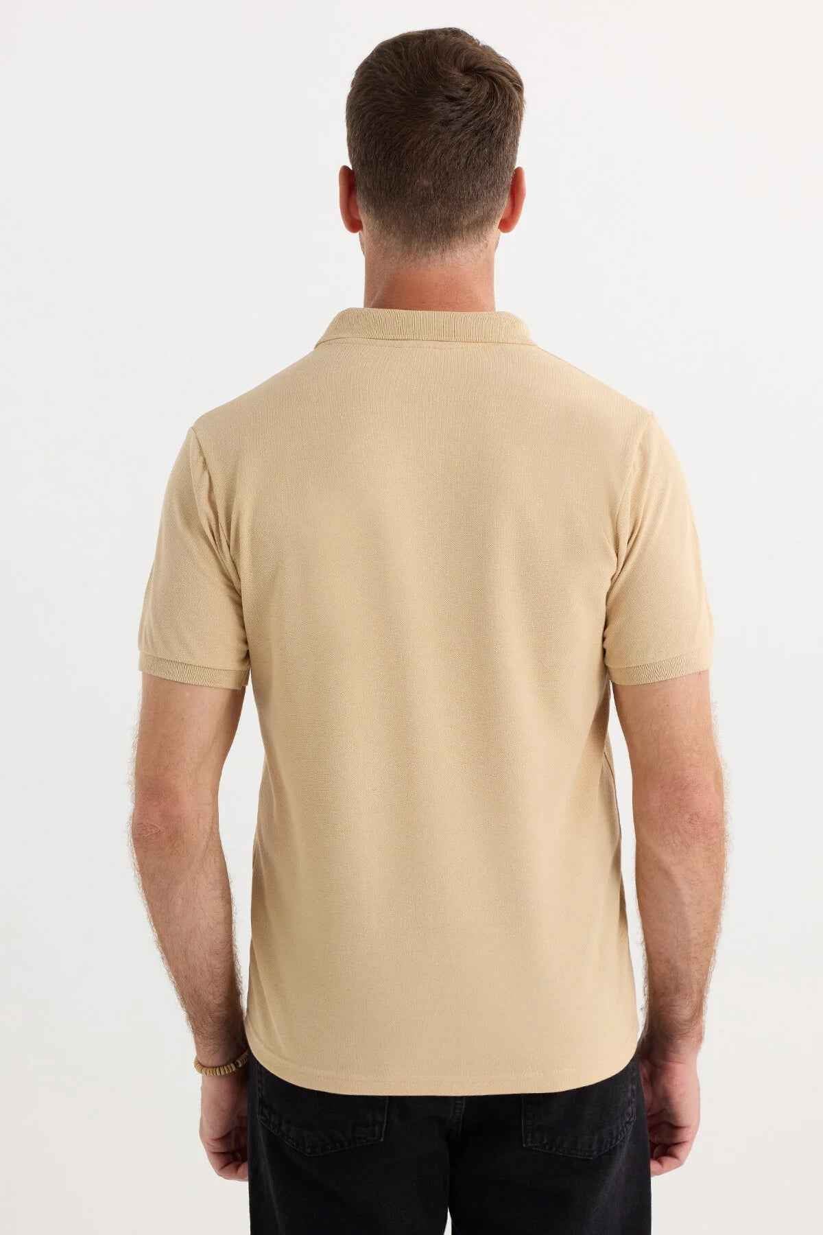Men's beige polo T-shirt back view with short sleeves and ribbed collar