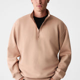 Men's beige BAXTER relaxed zip stand-collar sweatshirt, half-zip placket