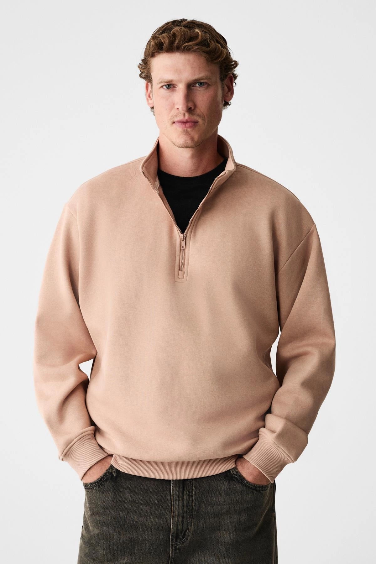 Men's beige BAXTER relaxed zip stand-collar sweatshirt, half-zip placket