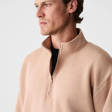 Men's beige BAXTER stand-collar half-zip sweatshirt, close-up neckline