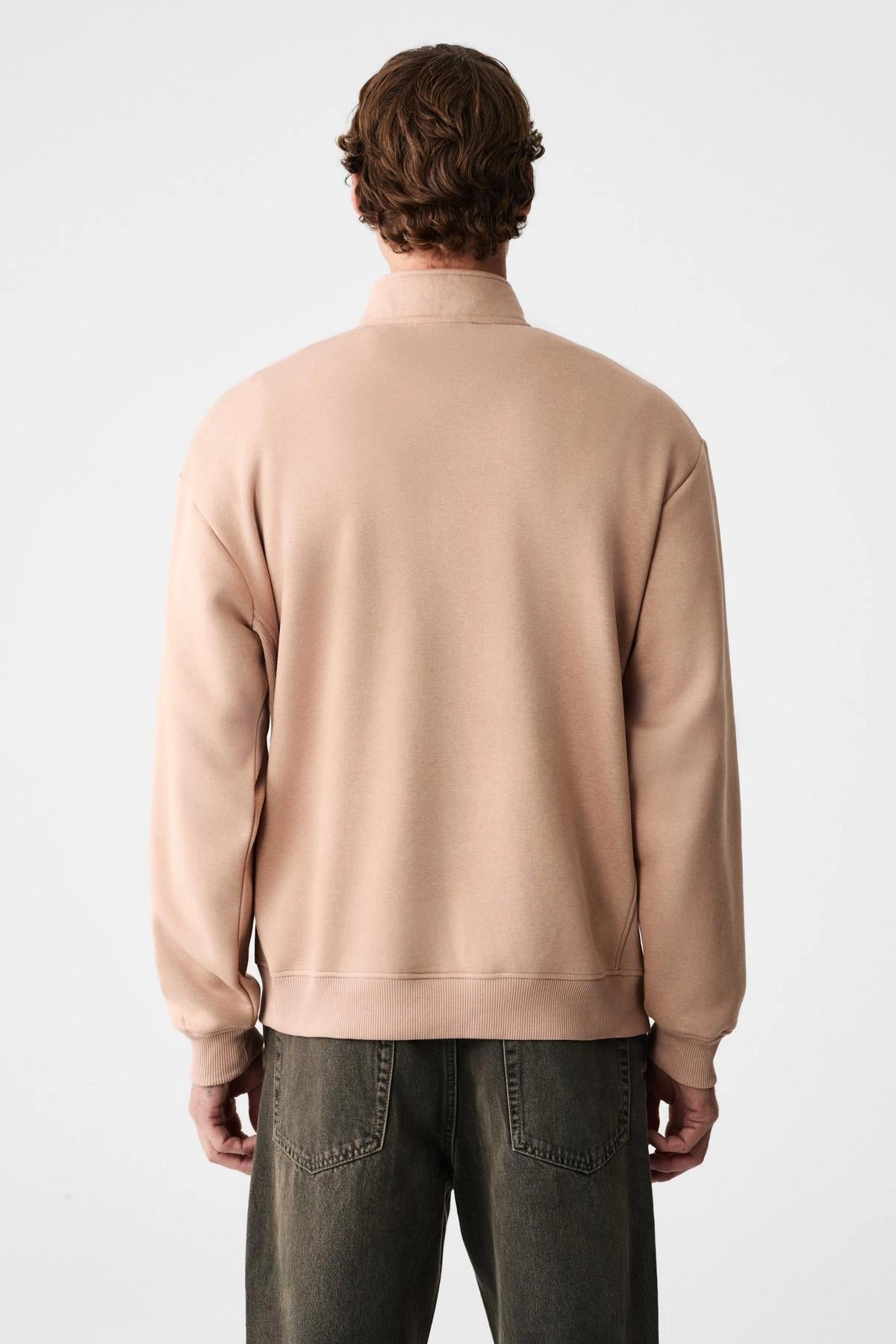 Men's beige BAXTER stand-collar sweatshirt, relaxed back view