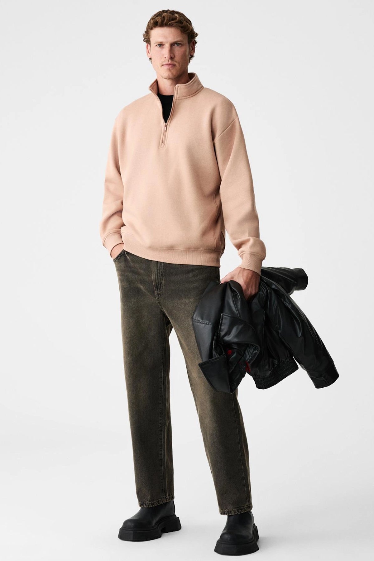 Men's beige BAXTER relaxed sweatshirt with stand collar and half-zip front