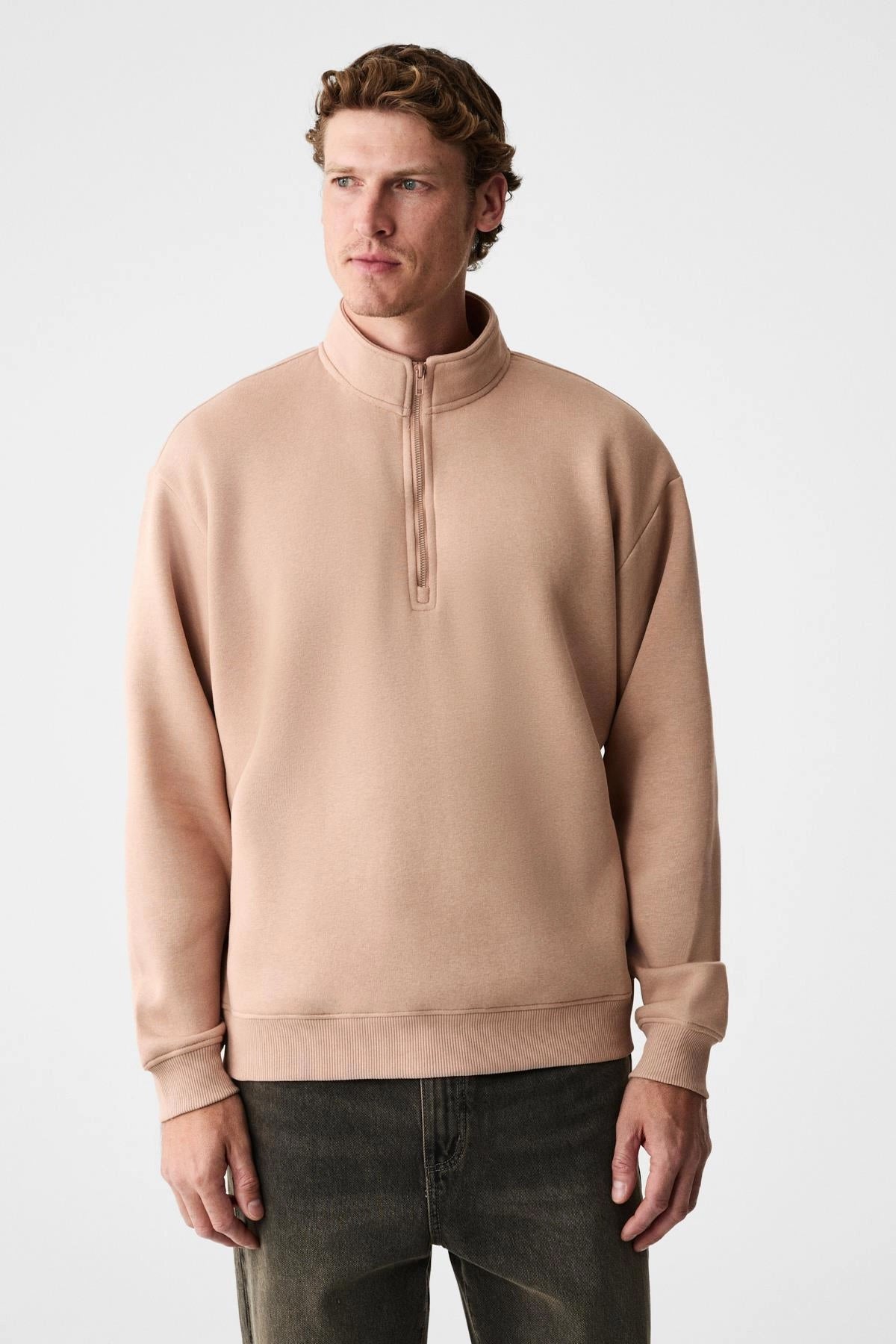 Men's beige BAXTER stand-collar half-zip sweatshirt with ribbed cuffs