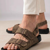 Men's sandals with two adjustable hook-and-loop straps, brown nubuck, cushioned footbed