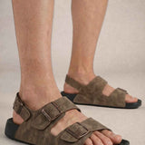 Men's brown slide sandals with two buckled straps and open-toe design